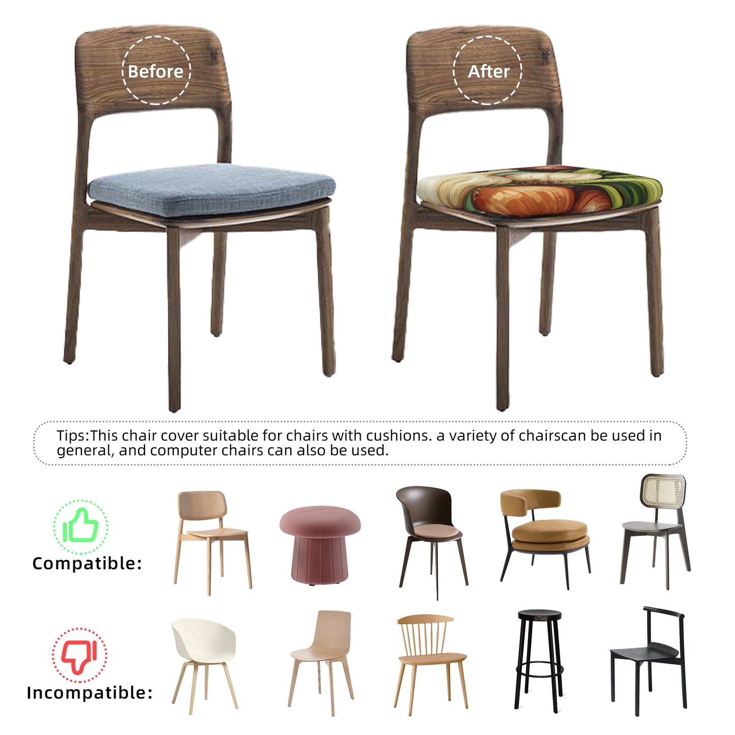 6PCS Elastic Chair Seat Covers with Vegetable Print – Removable Non-Slip Cushion Covers for Dining Chairs