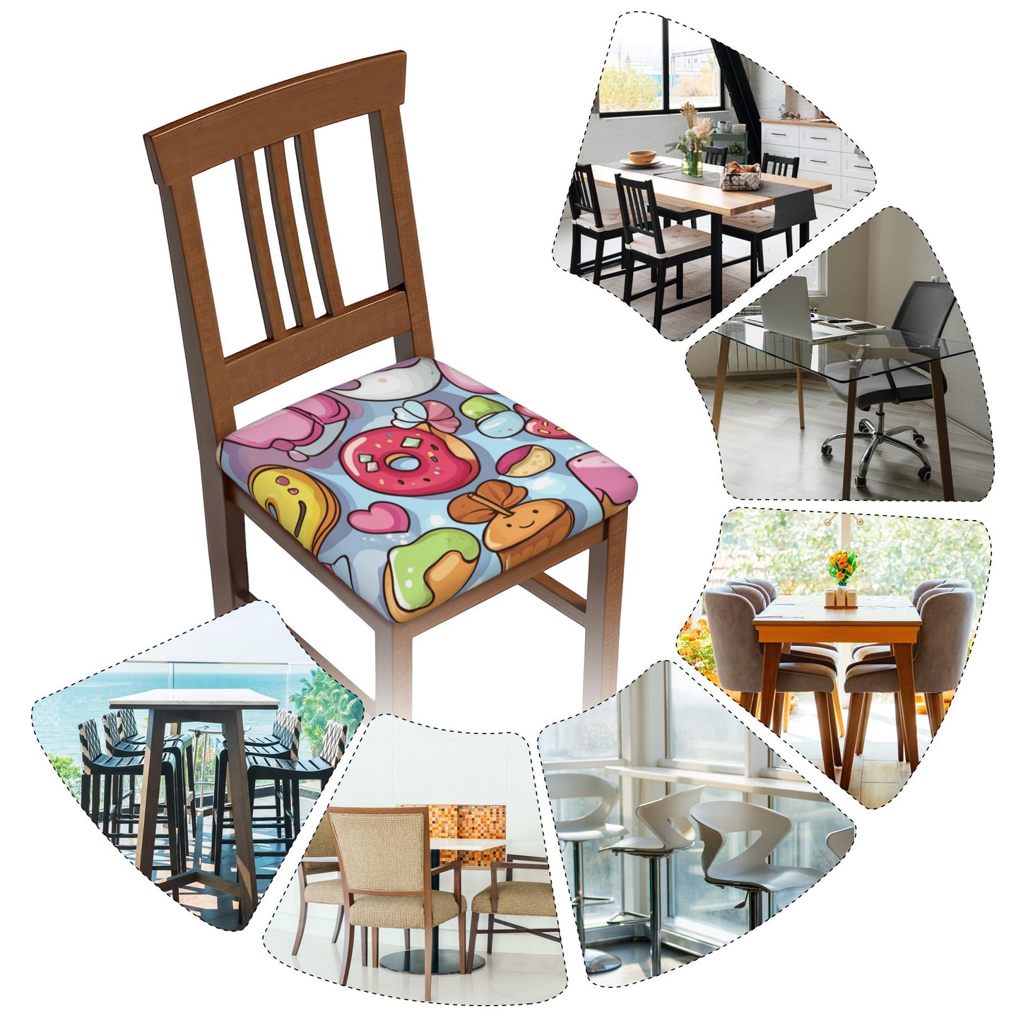 Cartoon Dessert Pattern Chair Seat Covers Set of 6 | Elastic Non-Slip Chair Cushion Slipcovers for Dining, Kitchen & Home Decor