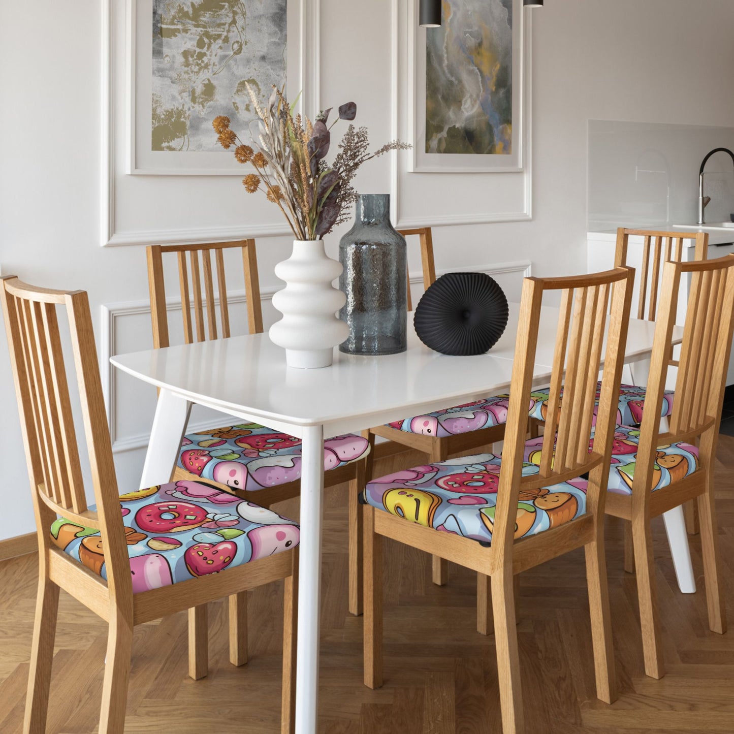 Cartoon Dessert Pattern Chair Seat Covers Set of 6 | Elastic Non-Slip Chair Cushion Slipcovers for Dining, Kitchen & Home Decor