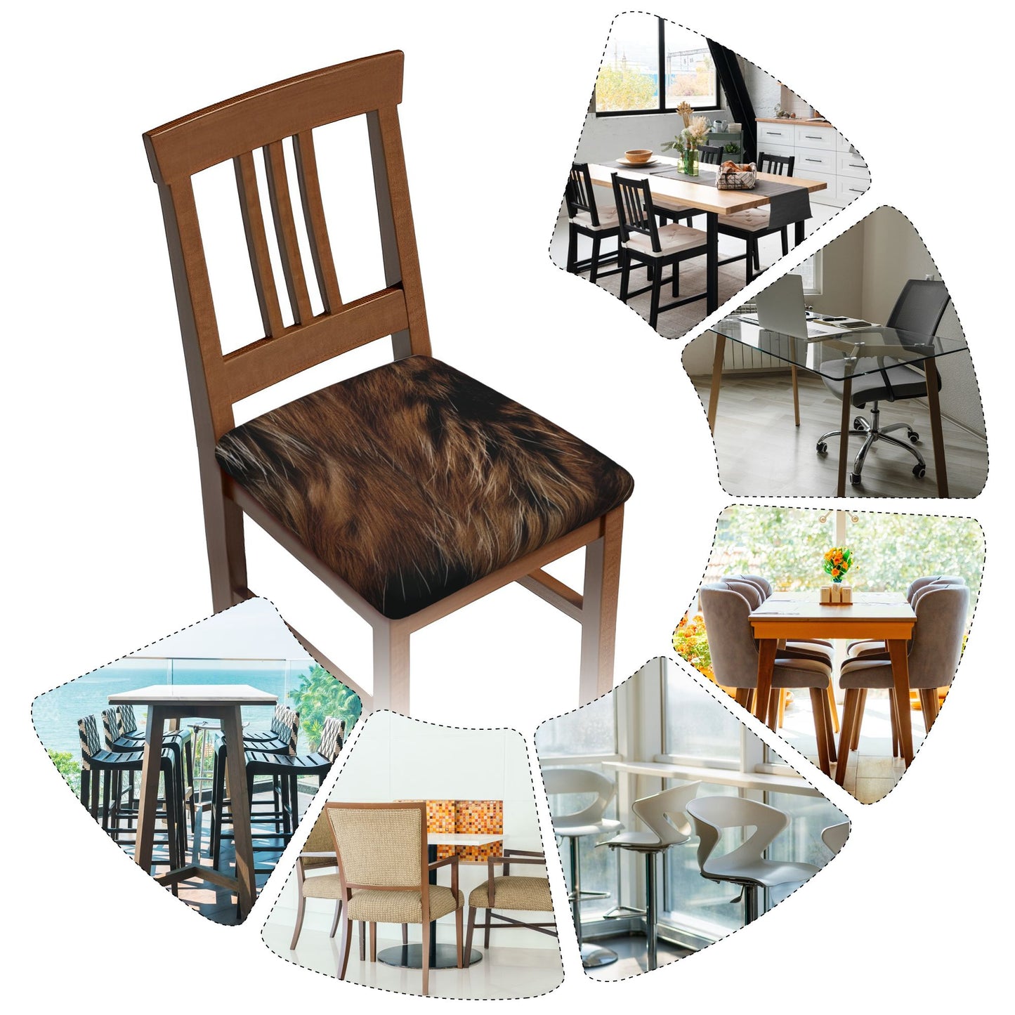 Vintage Brown Fur Pattern Chair Seat Covers (Set of 6) – Stretchable Slipcovers with Adjustable Ties, Fits Most Dining Chairs, Non-Slip Soft Cushion Protector, 16.9x16.9 Inches