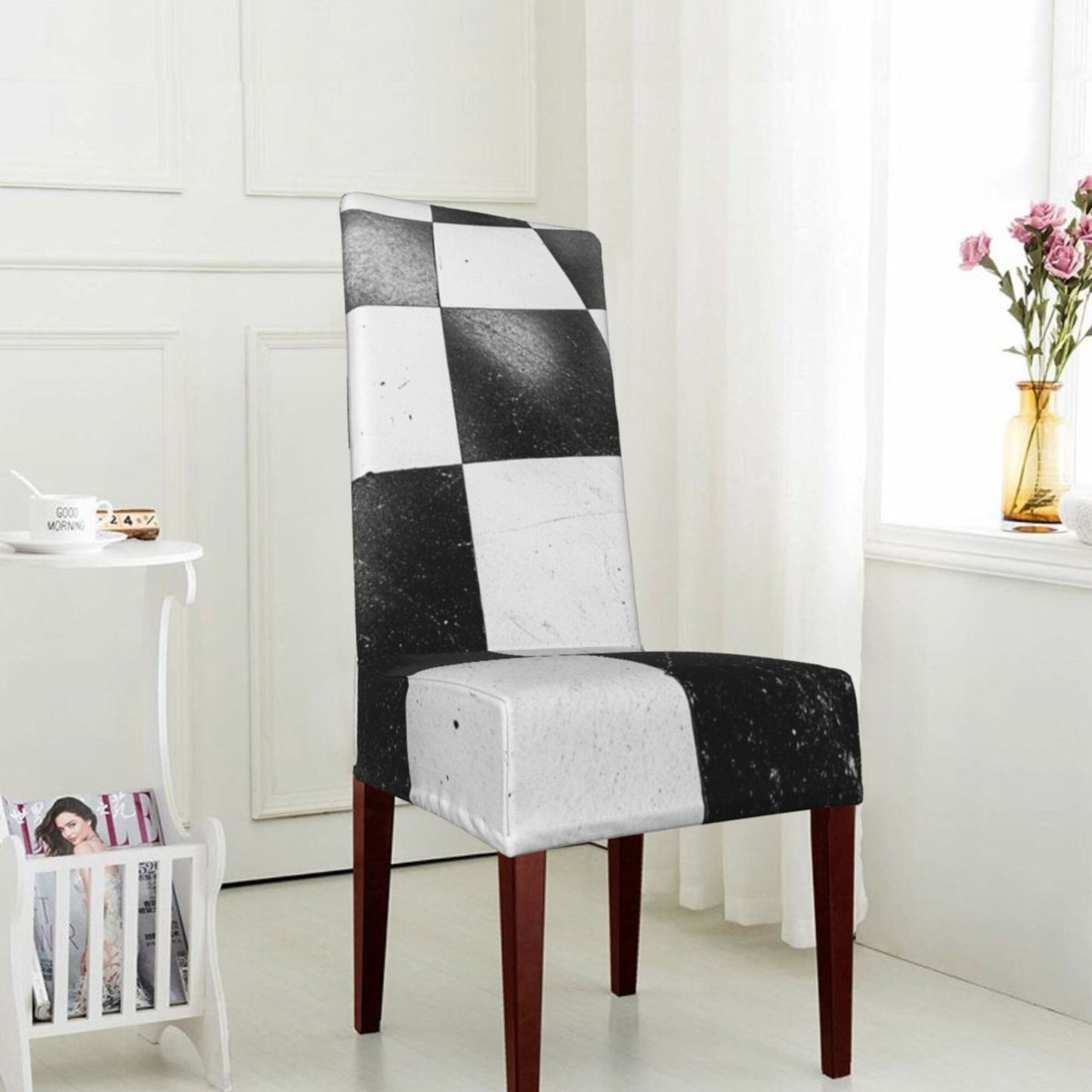 Black and White Checkerboard High Back Chair Cover – Stretch Dining Chair Slipcover for Banquet, Wedding & Home Use