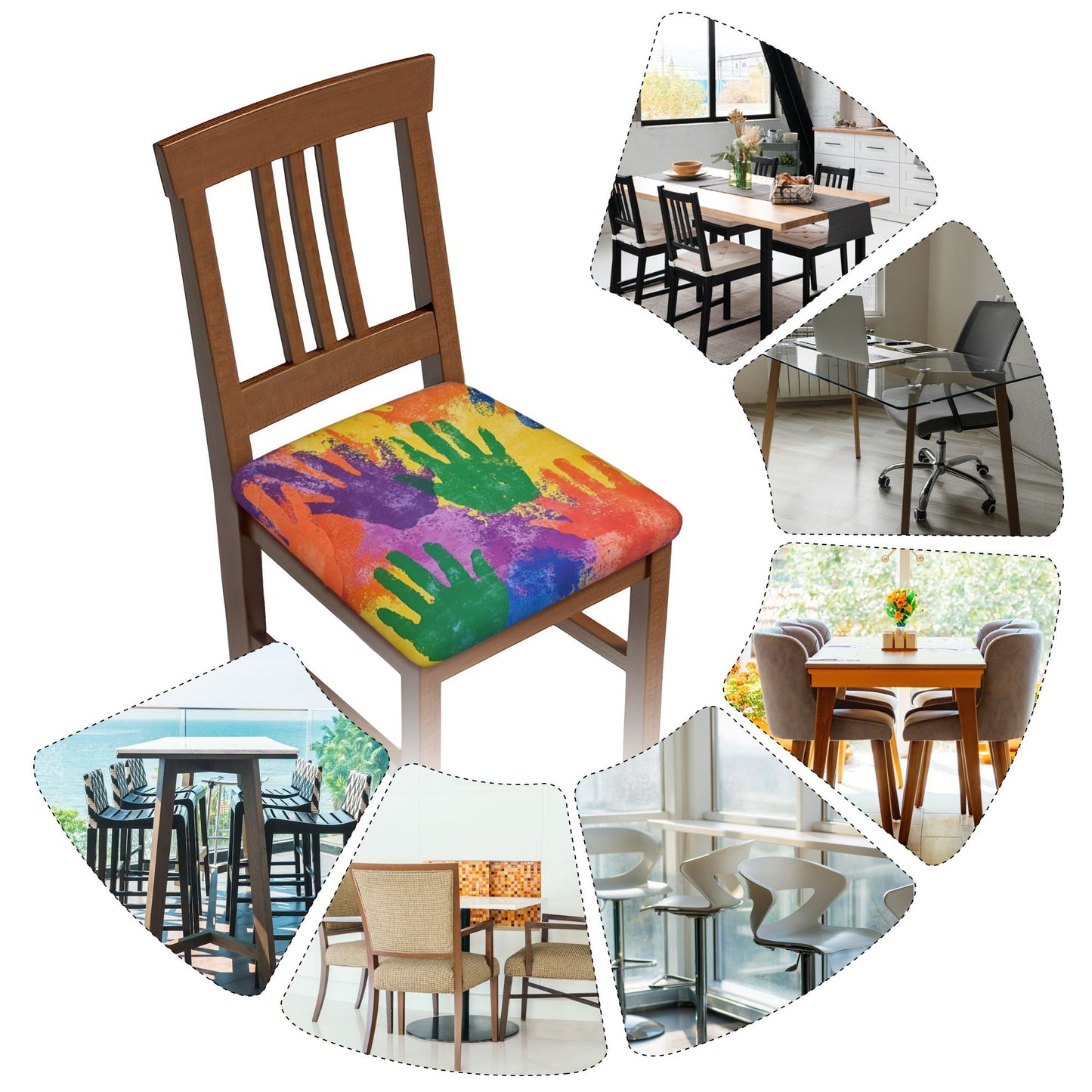 6-Pack Colorful Handprint Chair Seat Covers – Washable Elastic-Fit Cushion Slipcovers for Dining, Office, or Meeting Chairs