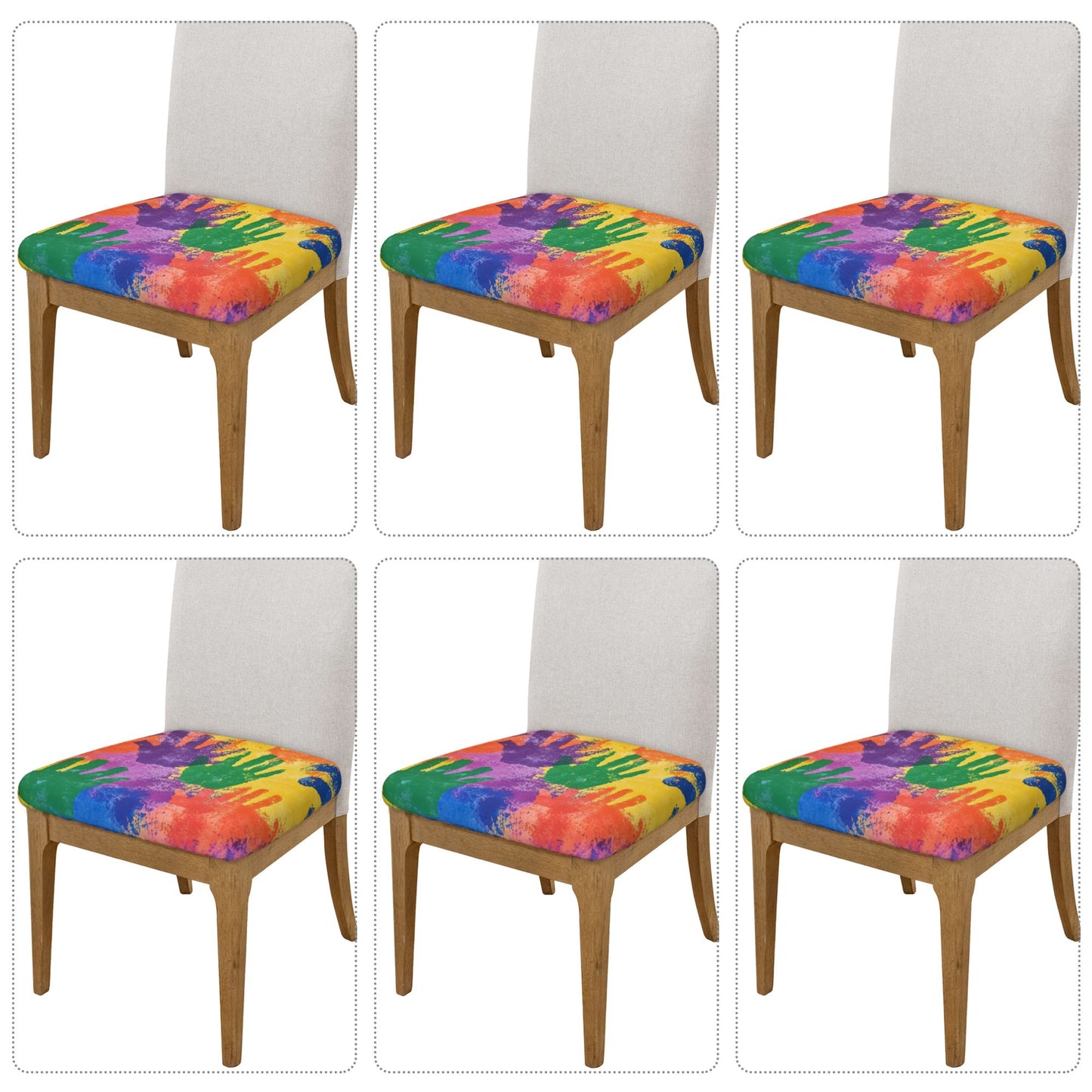 6-Pack Colorful Handprint Chair Seat Covers – Washable Elastic-Fit Cushion Slipcovers for Dining, Office, or Meeting Chairs