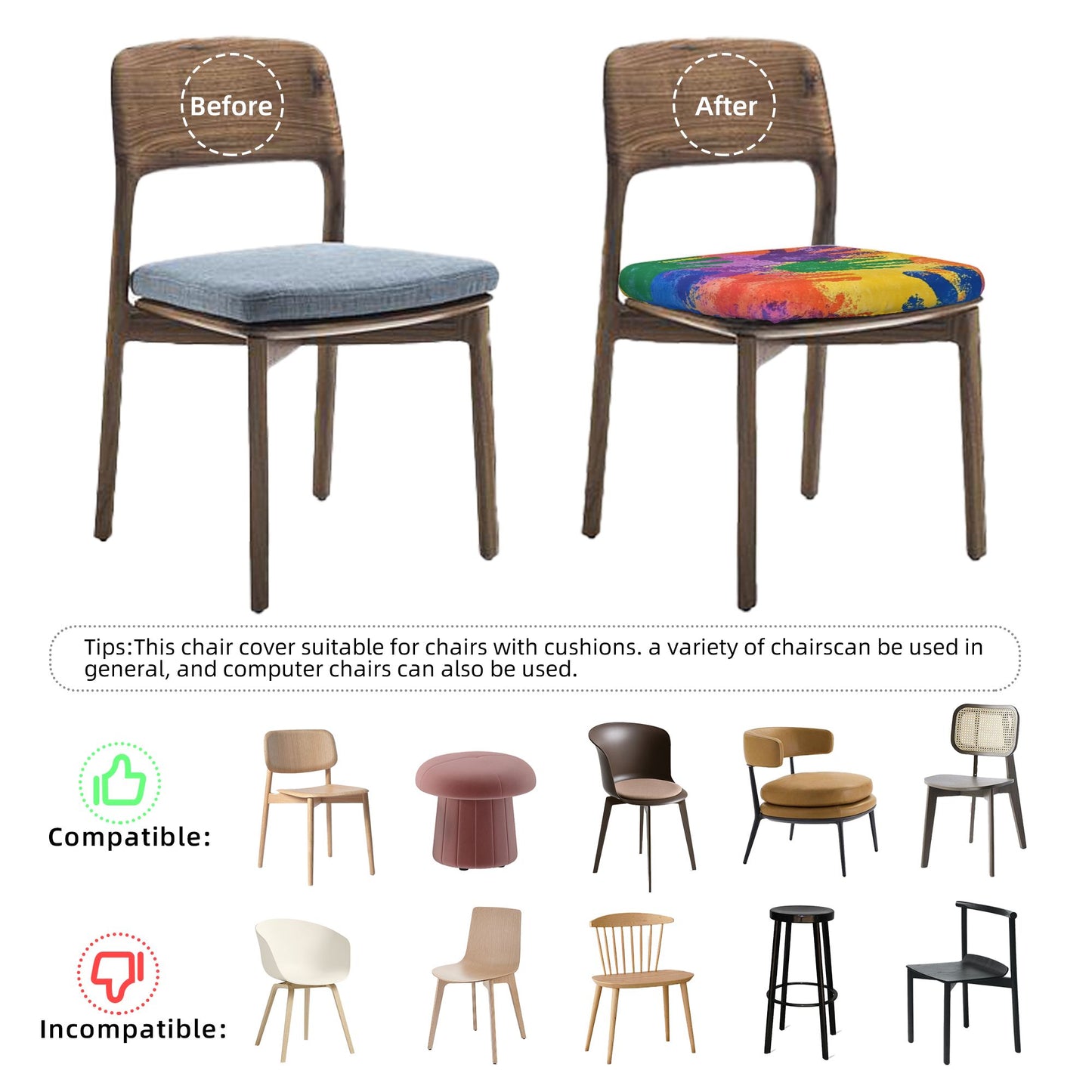 6-Pack Colorful Handprint Chair Seat Covers – Washable Elastic-Fit Cushion Slipcovers for Dining, Office, or Meeting Chairs