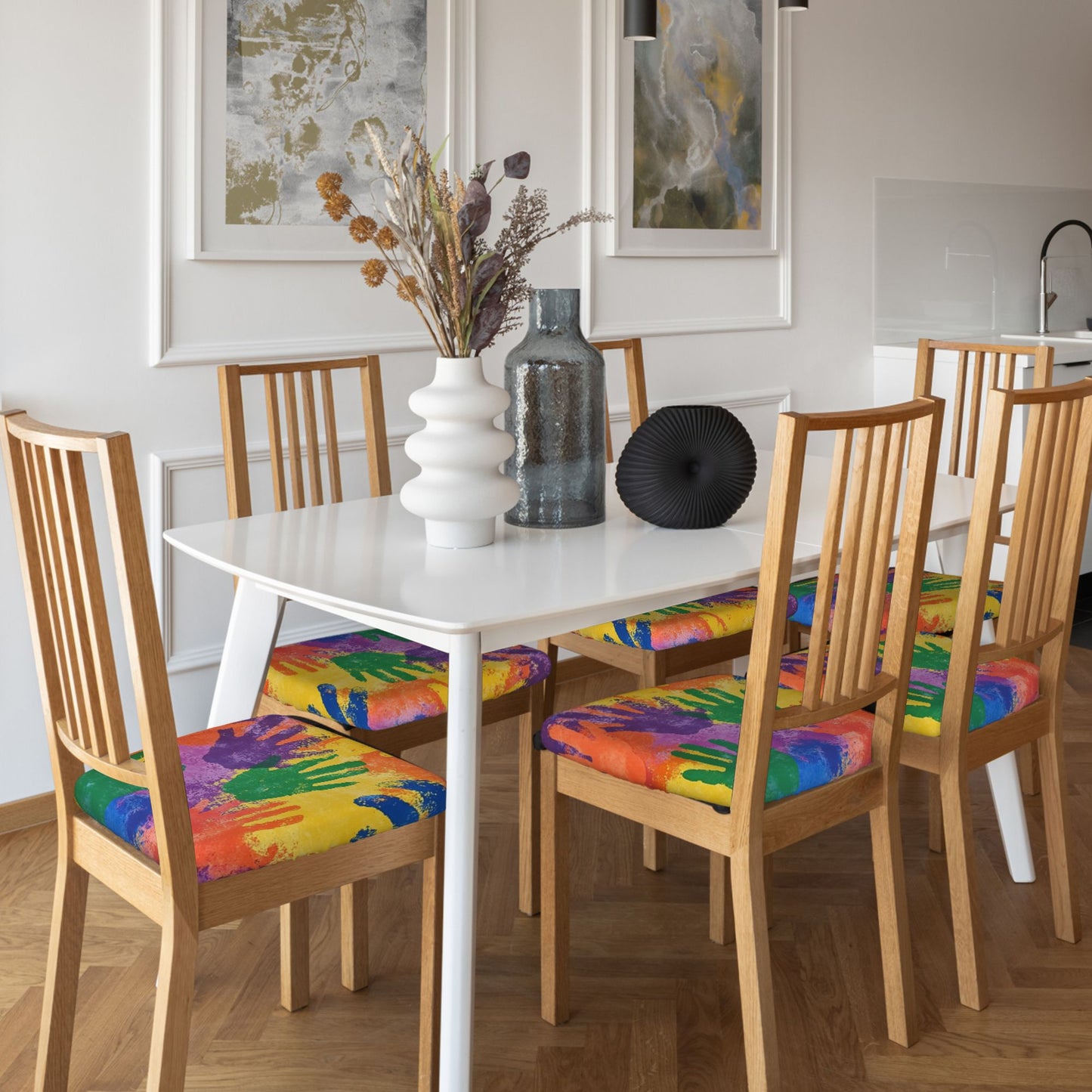 6-Pack Colorful Handprint Chair Seat Covers – Washable Elastic-Fit Cushion Slipcovers for Dining, Office, or Meeting Chairs