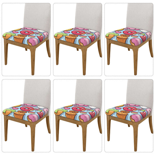 Cartoon Dessert Pattern Chair Seat Covers Set of 6 | Elastic Non-Slip Chair Cushion Slipcovers for Dining, Kitchen & Home Decor