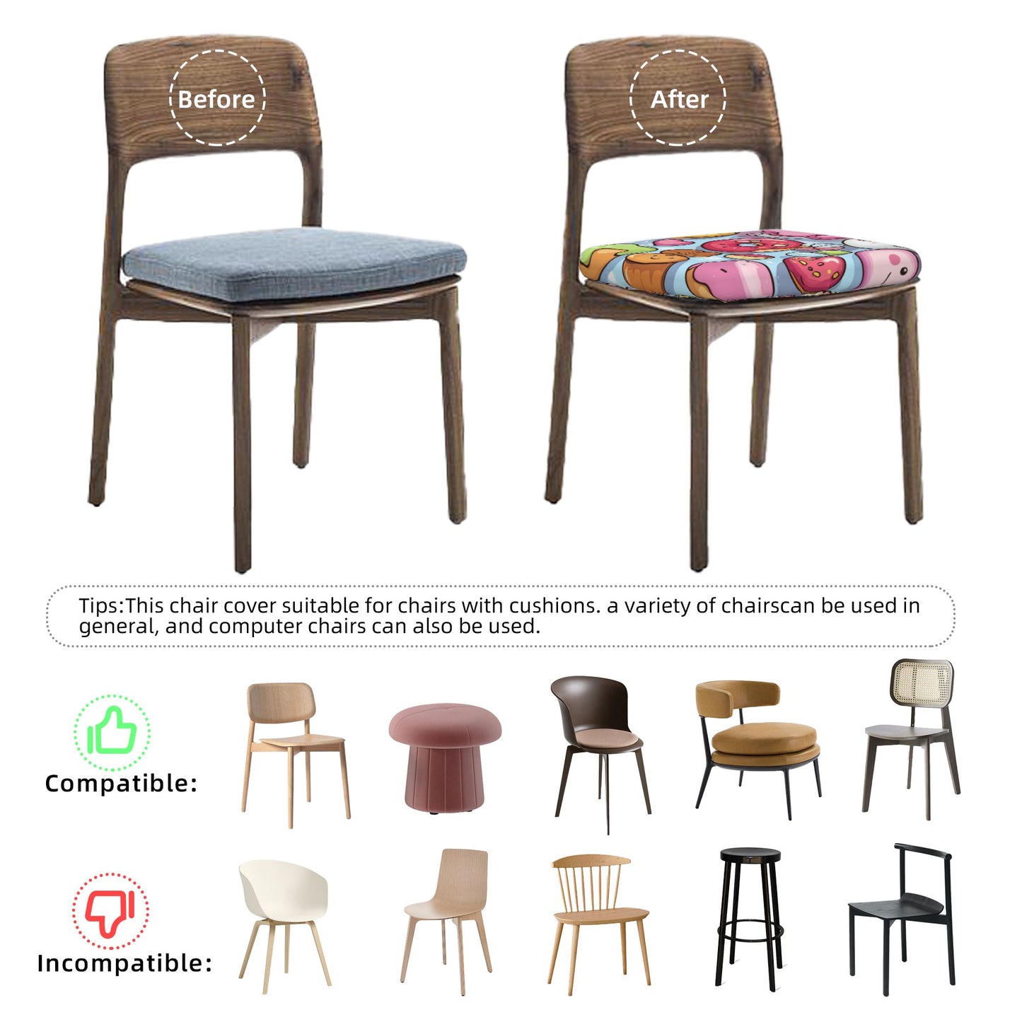 Cartoon Dessert Pattern Chair Seat Covers Set of 6 | Elastic Non-Slip Chair Cushion Slipcovers for Dining, Kitchen & Home Decor
