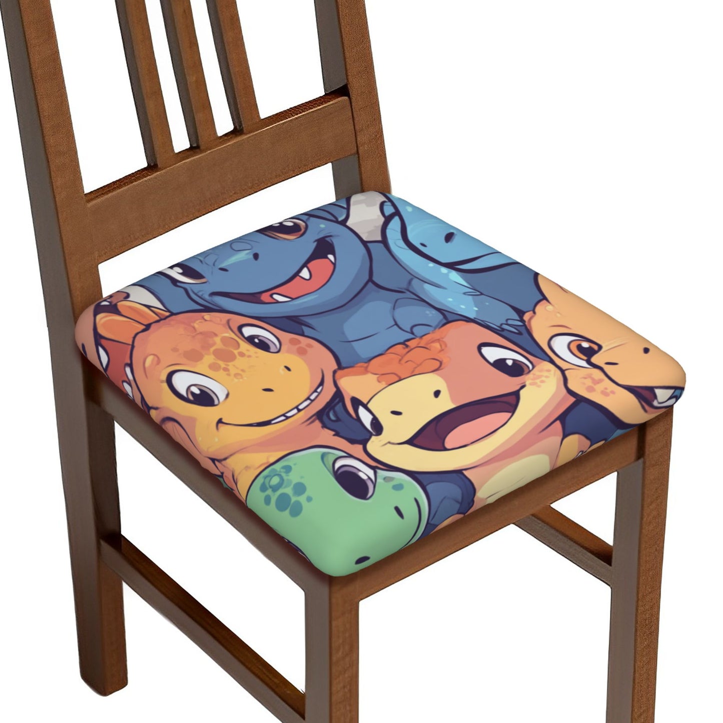 6-Pack Stretch Chair Seat Covers with Cartoon Dinosaur Print – Fits 16.9"x16.9" Cushions, Elastic Edges & Tie-Back Design, Suitable for 2.5–6cm Thickness