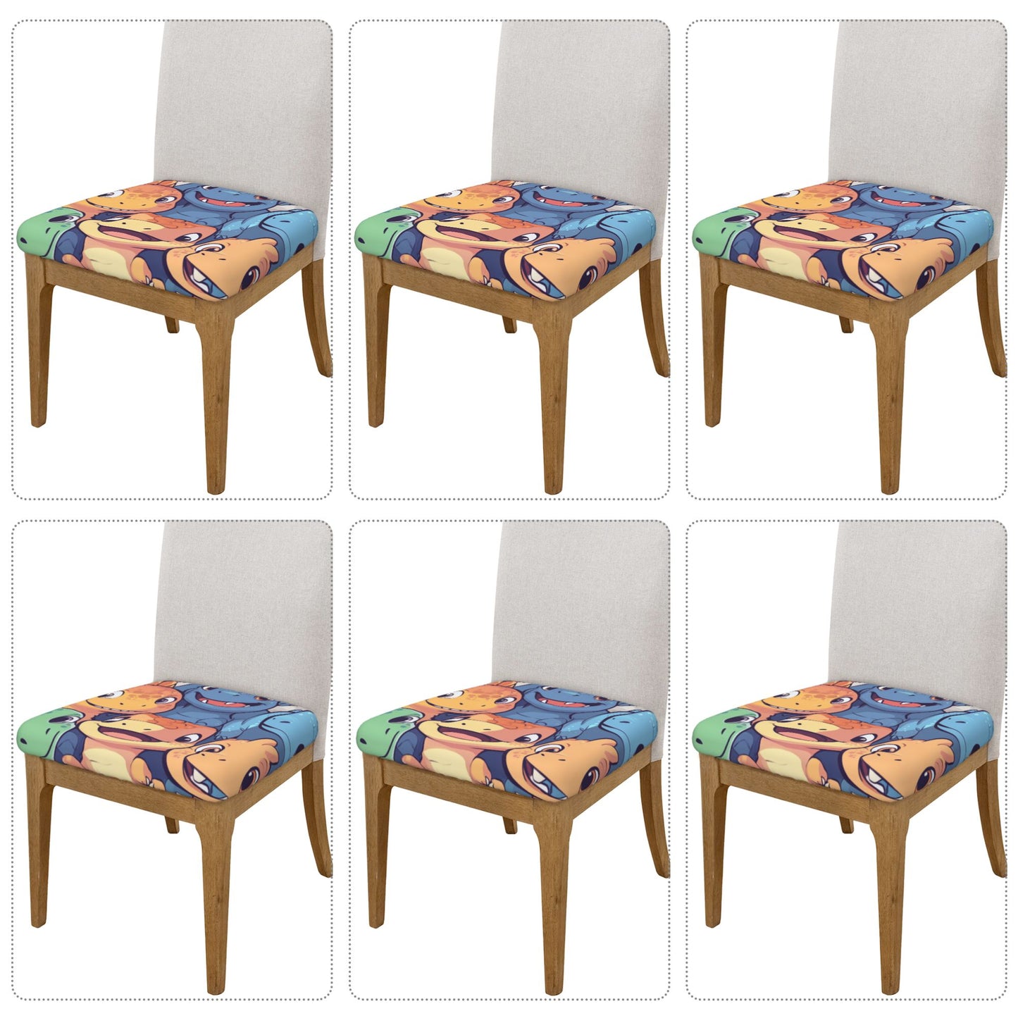 6-Pack Stretch Chair Seat Covers with Cartoon Dinosaur Print – Fits 16.9"x16.9" Cushions, Elastic Edges & Tie-Back Design, Suitable for 2.5–6cm Thickness