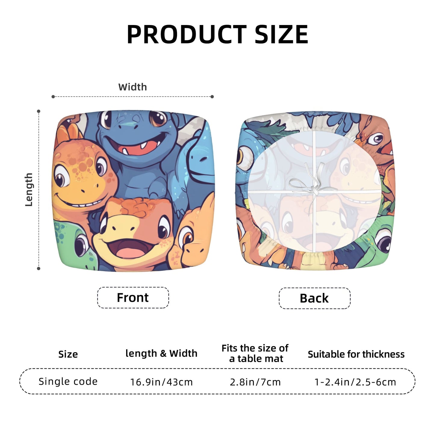 6-Pack Stretch Chair Seat Covers with Cartoon Dinosaur Print – Fits 16.9"x16.9" Cushions, Elastic Edges & Tie-Back Design, Suitable for 2.5–6cm Thickness
