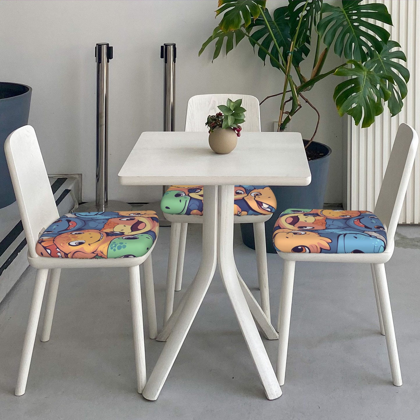 6-Pack Stretch Chair Seat Covers with Cartoon Dinosaur Print – Fits 16.9"x16.9" Cushions, Elastic Edges & Tie-Back Design, Suitable for 2.5–6cm Thickness