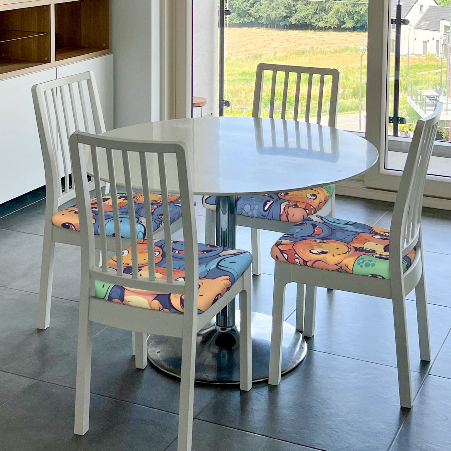 6-Pack Stretch Chair Seat Covers with Cartoon Dinosaur Print – Fits 16.9"x16.9" Cushions, Elastic Edges & Tie-Back Design, Suitable for 2.5–6cm Thickness