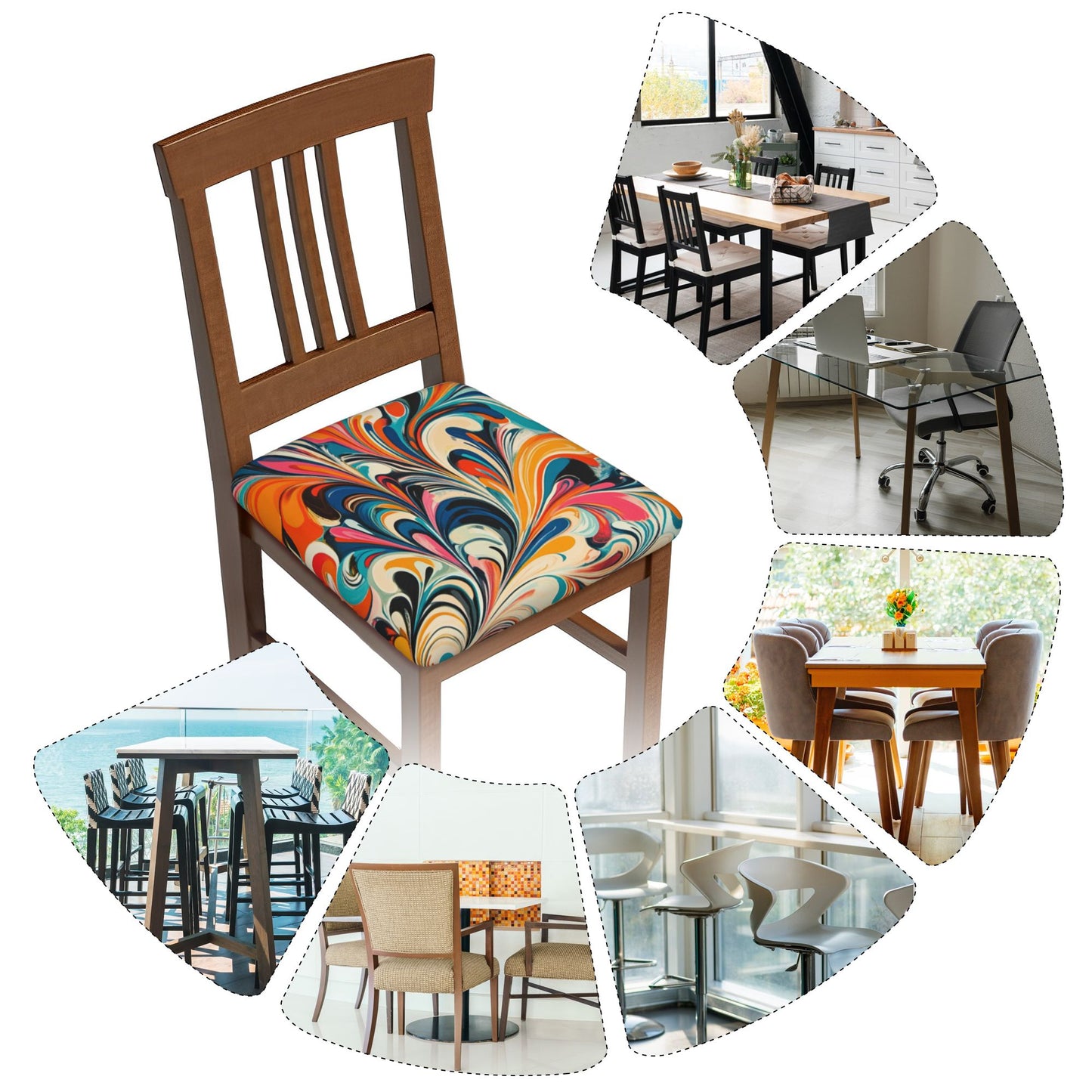 Abstract Swirl Pattern Chair Seat Covers – 6 Pack Elastic Chair Pads for Dining, Kitchen & Office Use