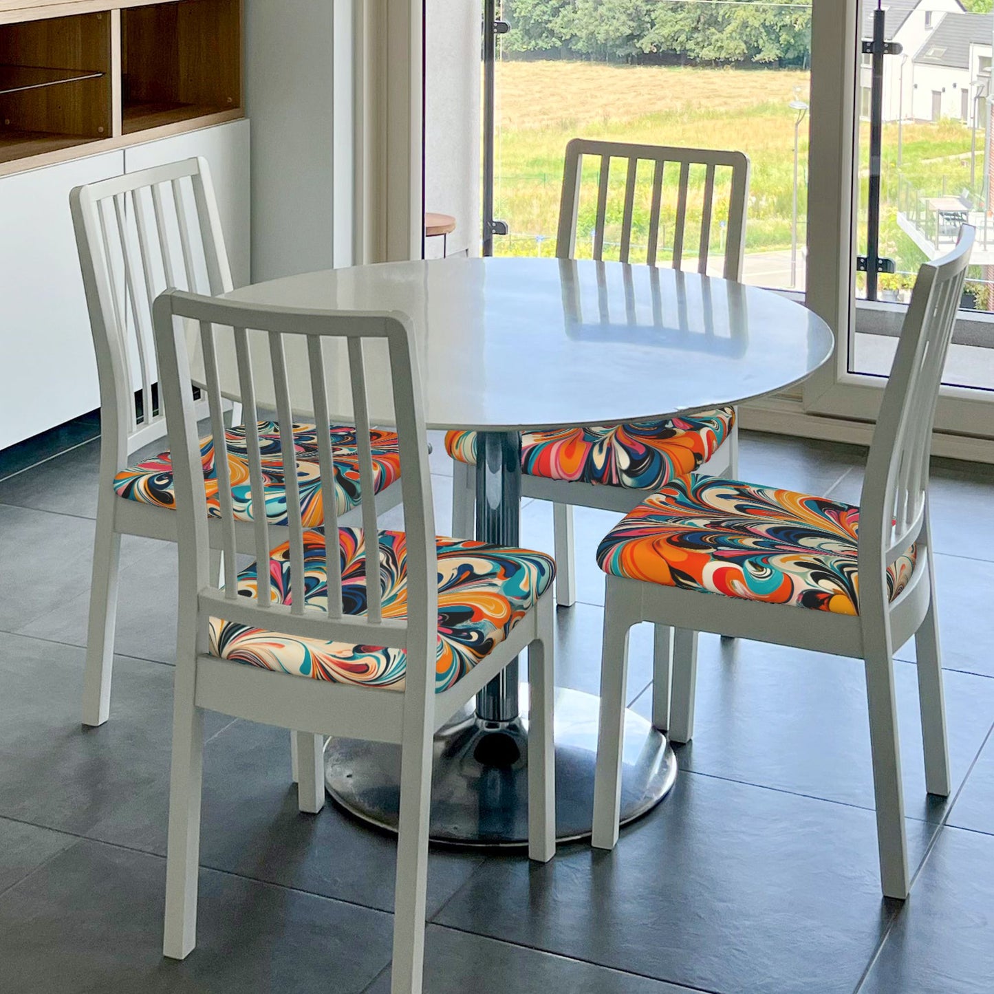Abstract Swirl Pattern Chair Seat Covers – 6 Pack Elastic Chair Pads for Dining, Kitchen & Office Use