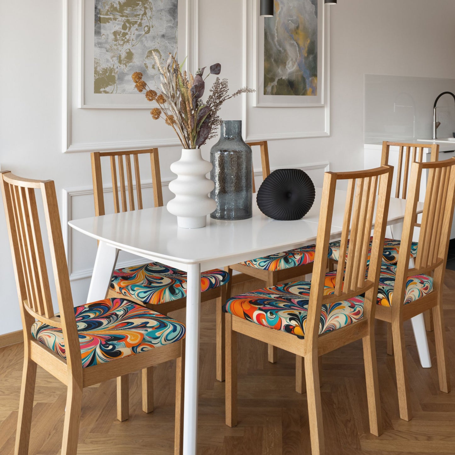 Abstract Swirl Pattern Chair Seat Covers – 6 Pack Elastic Chair Pads for Dining, Kitchen & Office Use