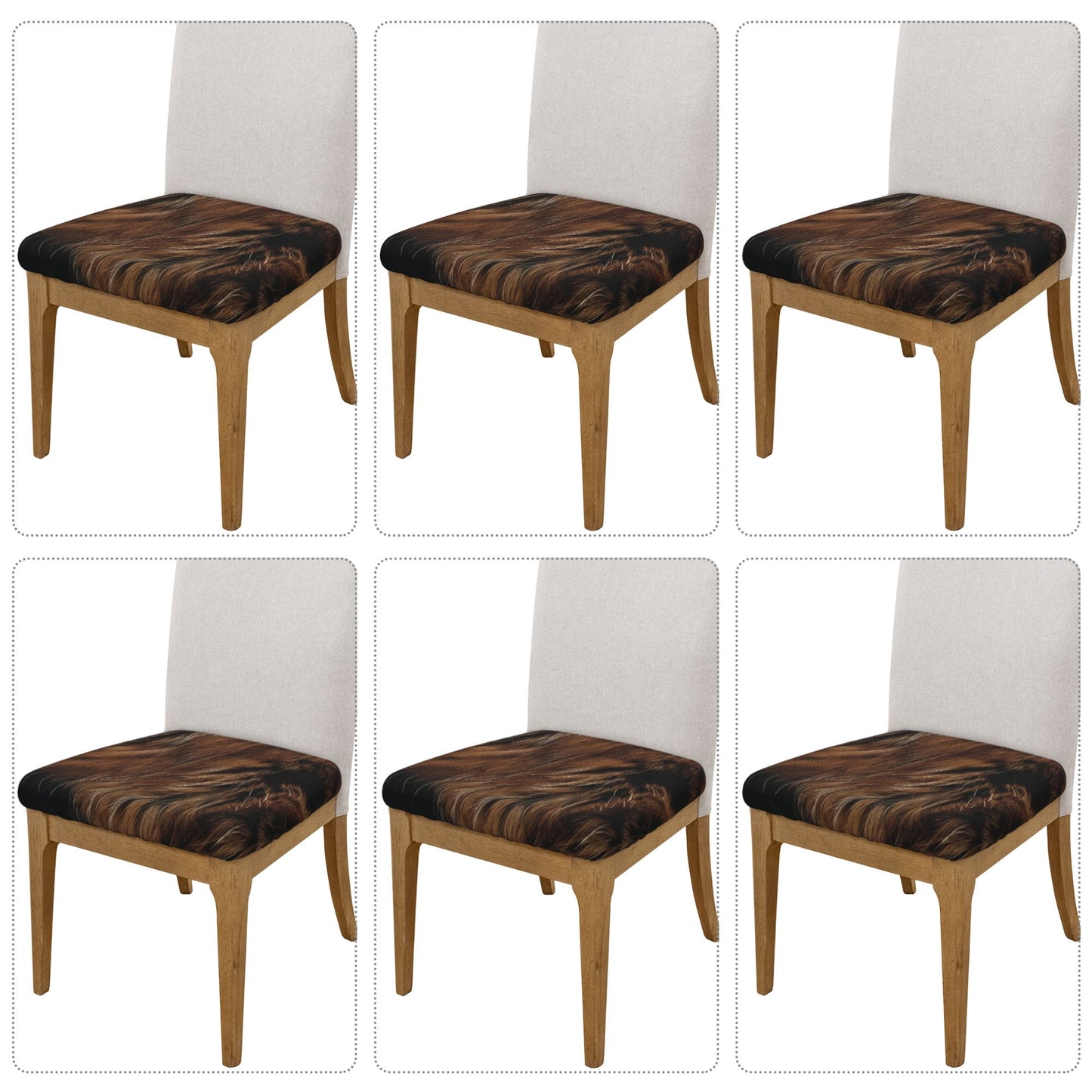 Vintage Brown Fur Pattern Chair Seat Covers (Set of 6) – Stretchable Slipcovers with Adjustable Ties, Fits Most Dining Chairs, Non-Slip Soft Cushion Protector, 16.9x16.9 Inches