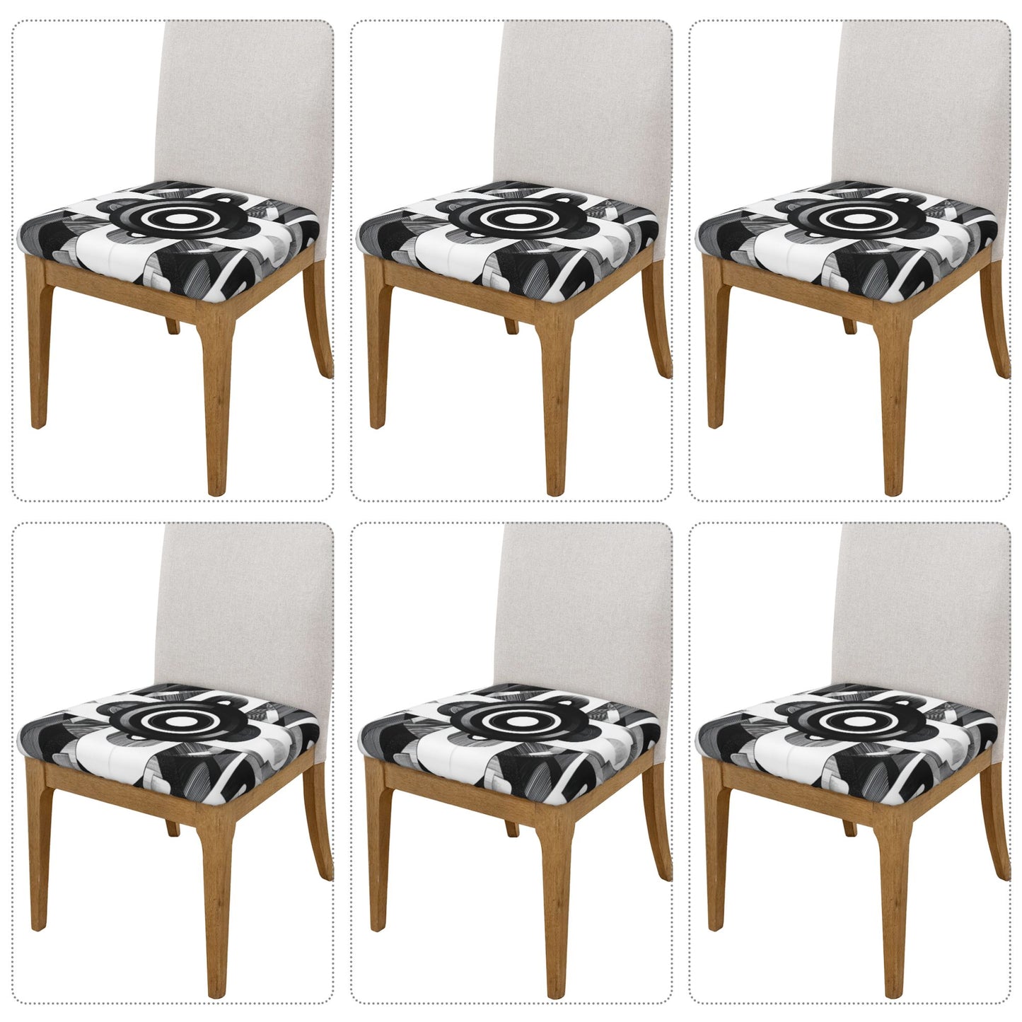 Black & White Geometric Chair Seat Covers (Set of 6) – Stretch Washable Anti-Slip Chair Pad Protectors for Dining & Office