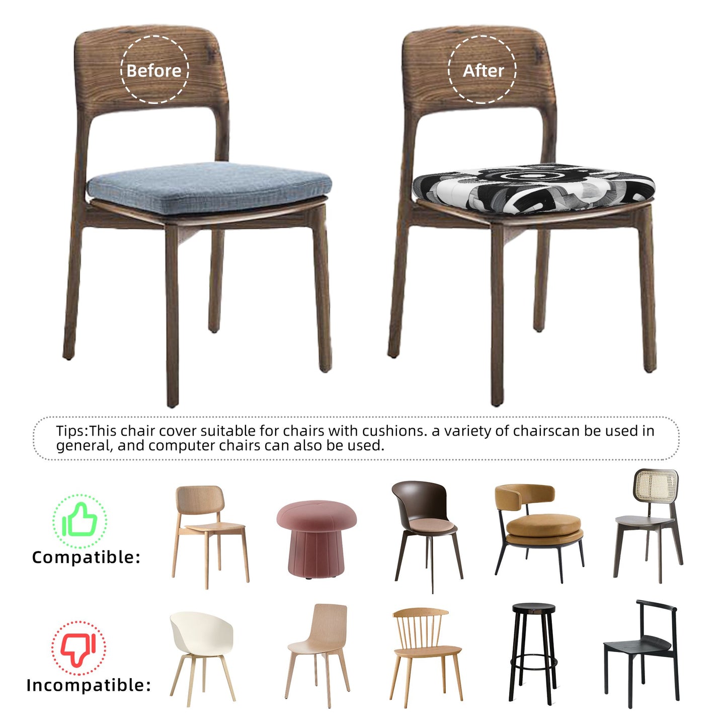 Black & White Geometric Chair Seat Covers (Set of 6) – Stretch Washable Anti-Slip Chair Pad Protectors for Dining & Office