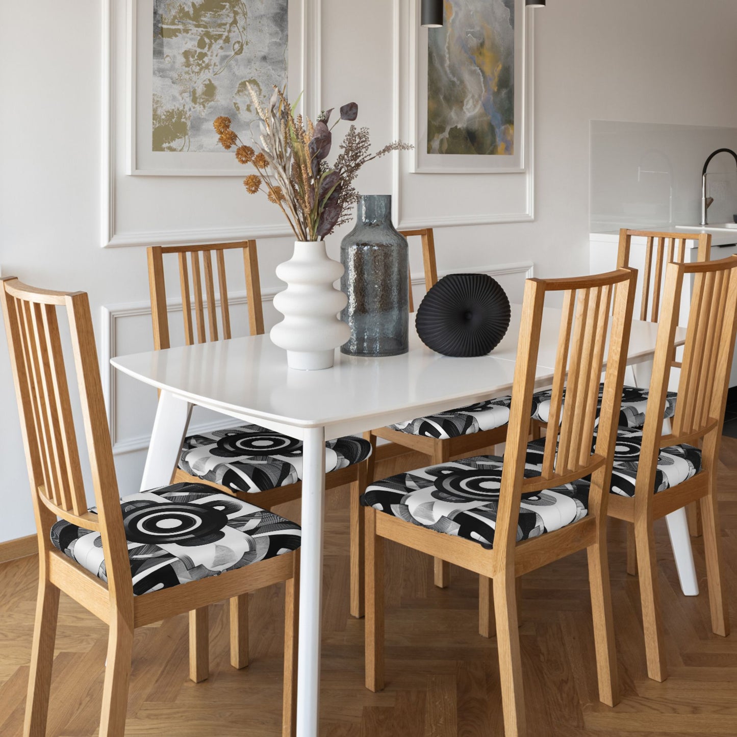 Black & White Geometric Chair Seat Covers (Set of 6) – Stretch Washable Anti-Slip Chair Pad Protectors for Dining & Office