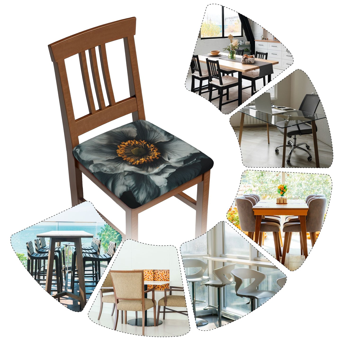 6-Pack Floral Chair Seat Covers – Elastic Anti-Slip Cushion Covers with Gray-Black Peony Pattern