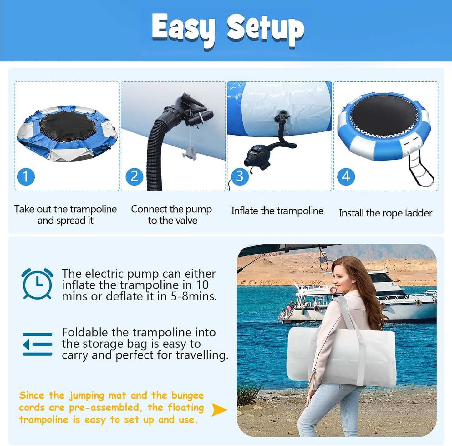 Inflatable Water Trampoline, 10FT/15FT/17FT Recreational Water Bouncer with Electric Pump