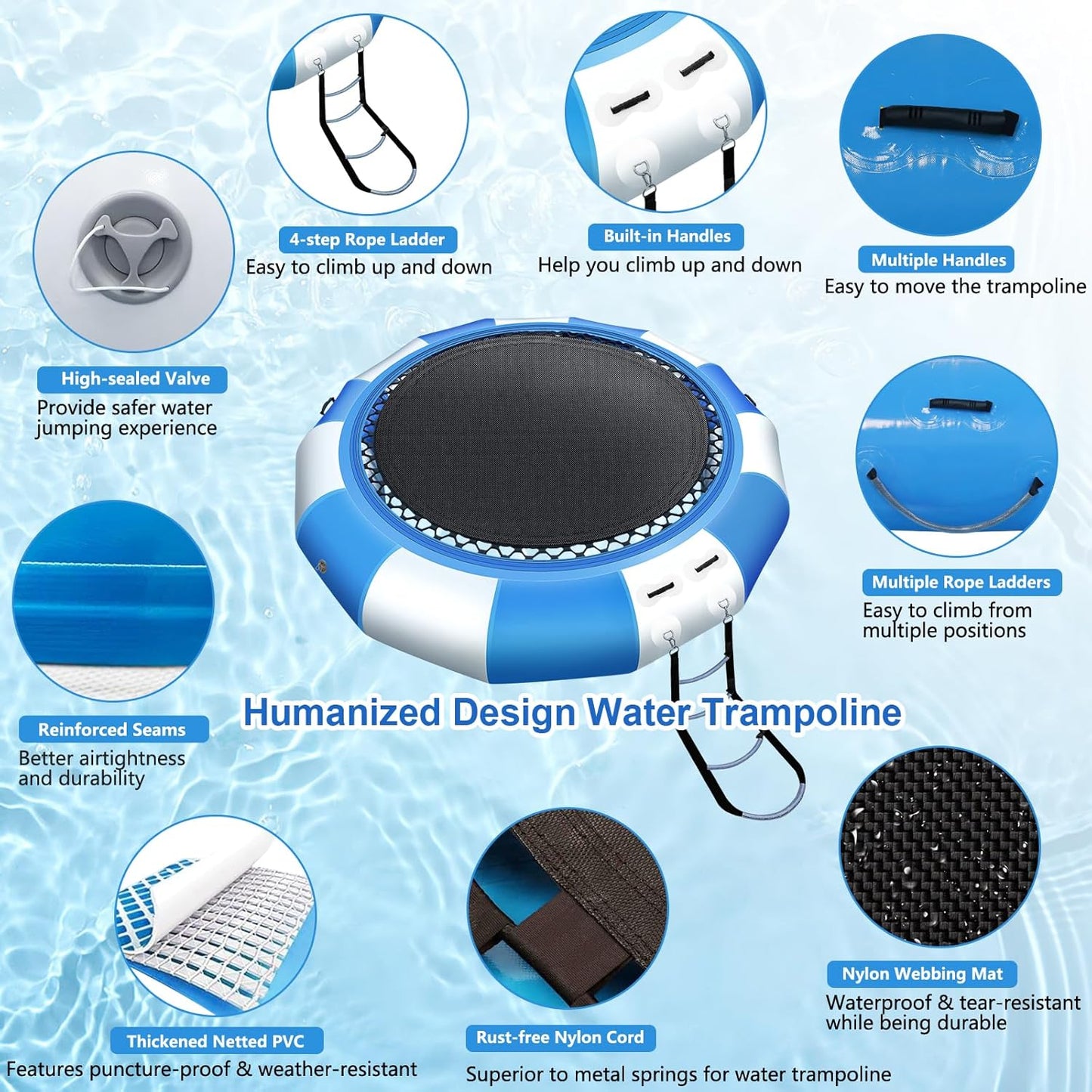 Inflatable Water Trampoline, 10FT/15FT/17FT Recreational Water Bouncer with Electric Pump